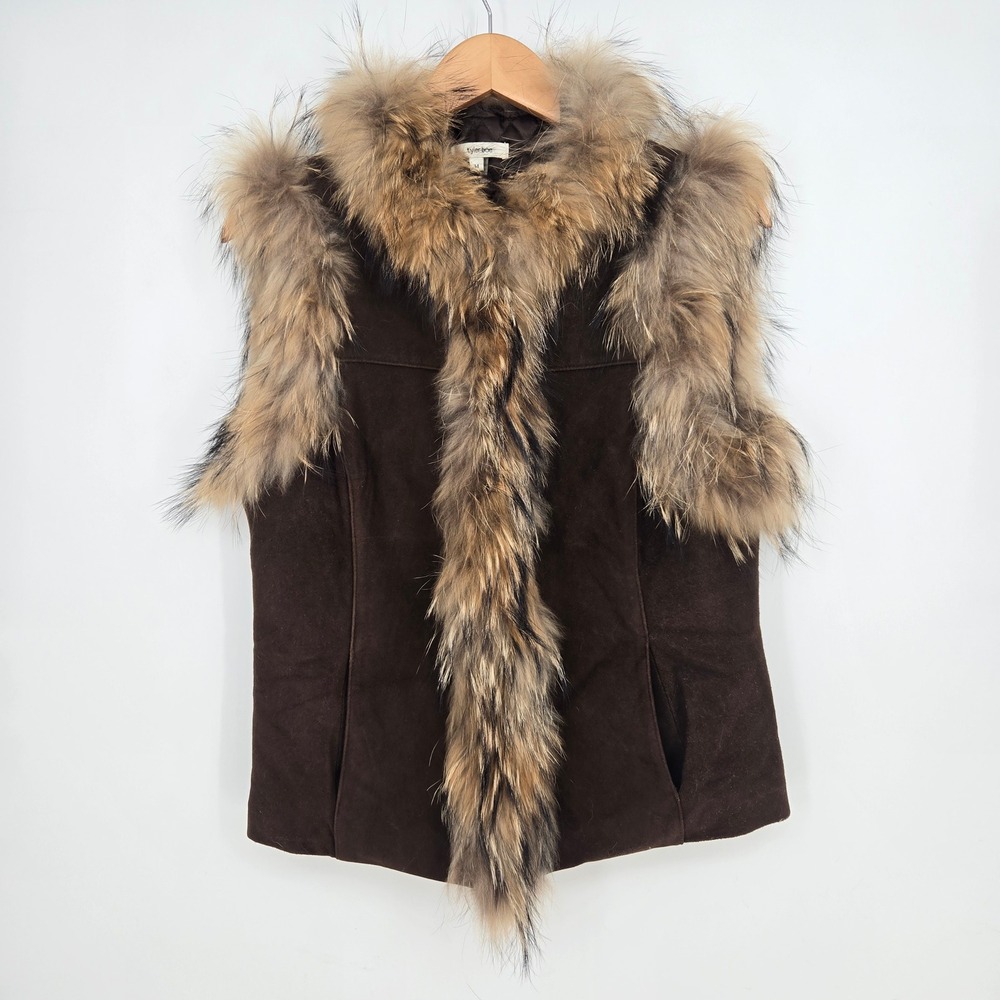 Tyler Boe Real Lamb Suede Leather Racoon Fur Vest Brown Womens M Glam Chic Boho